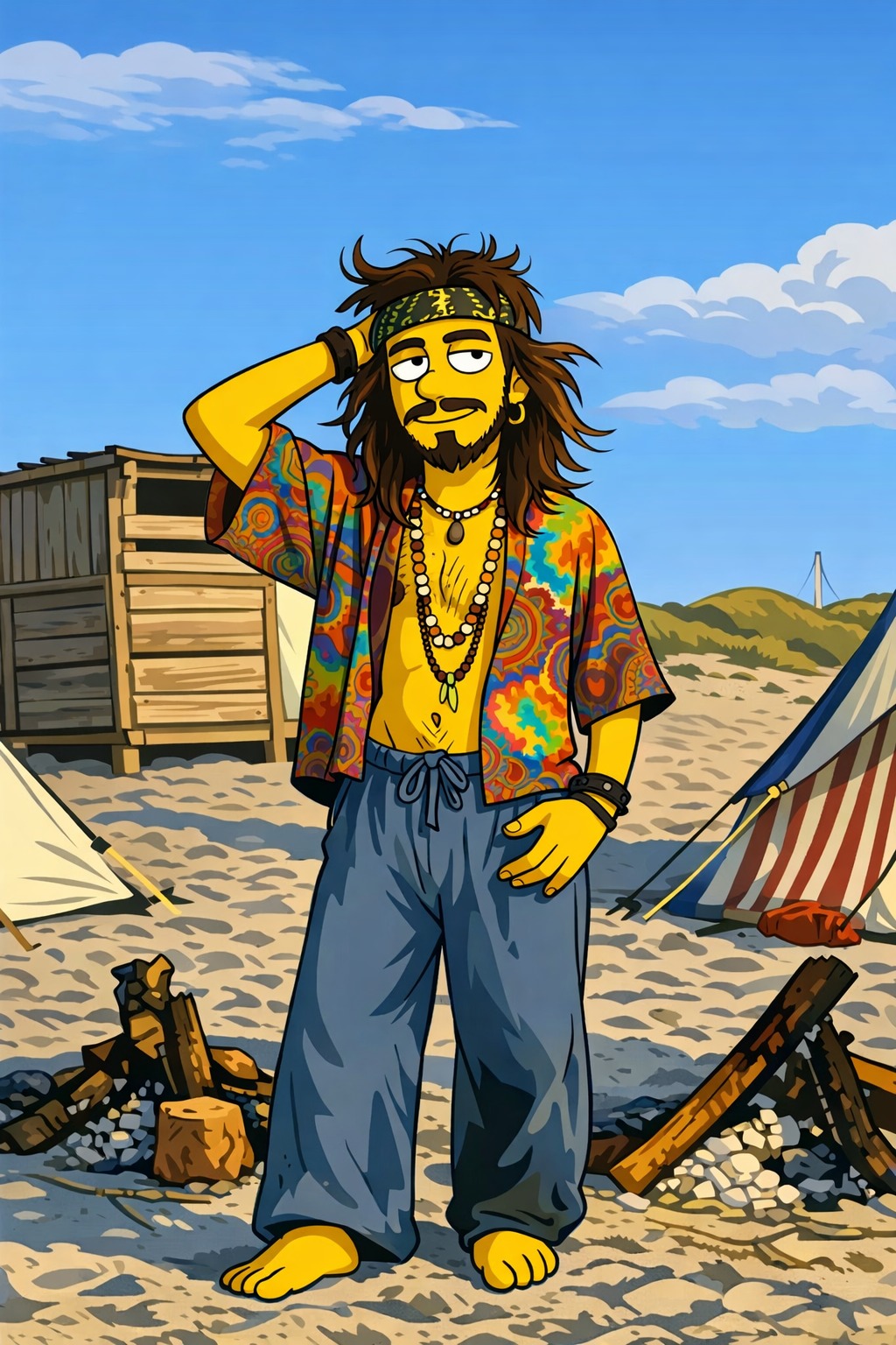 Cartoon hippie man standing on beach campsite