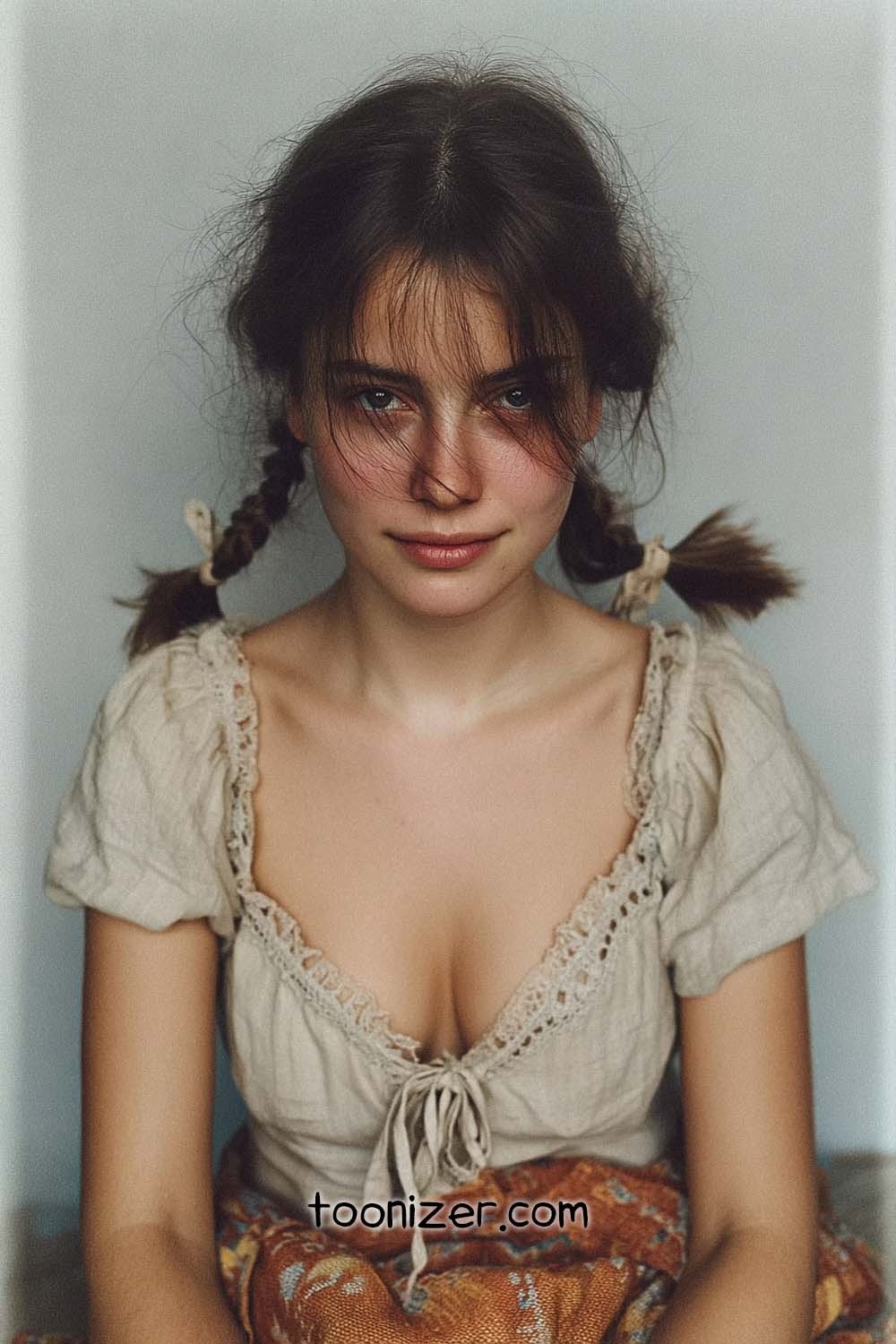 Young woman with braided pigtails and lace blouse
