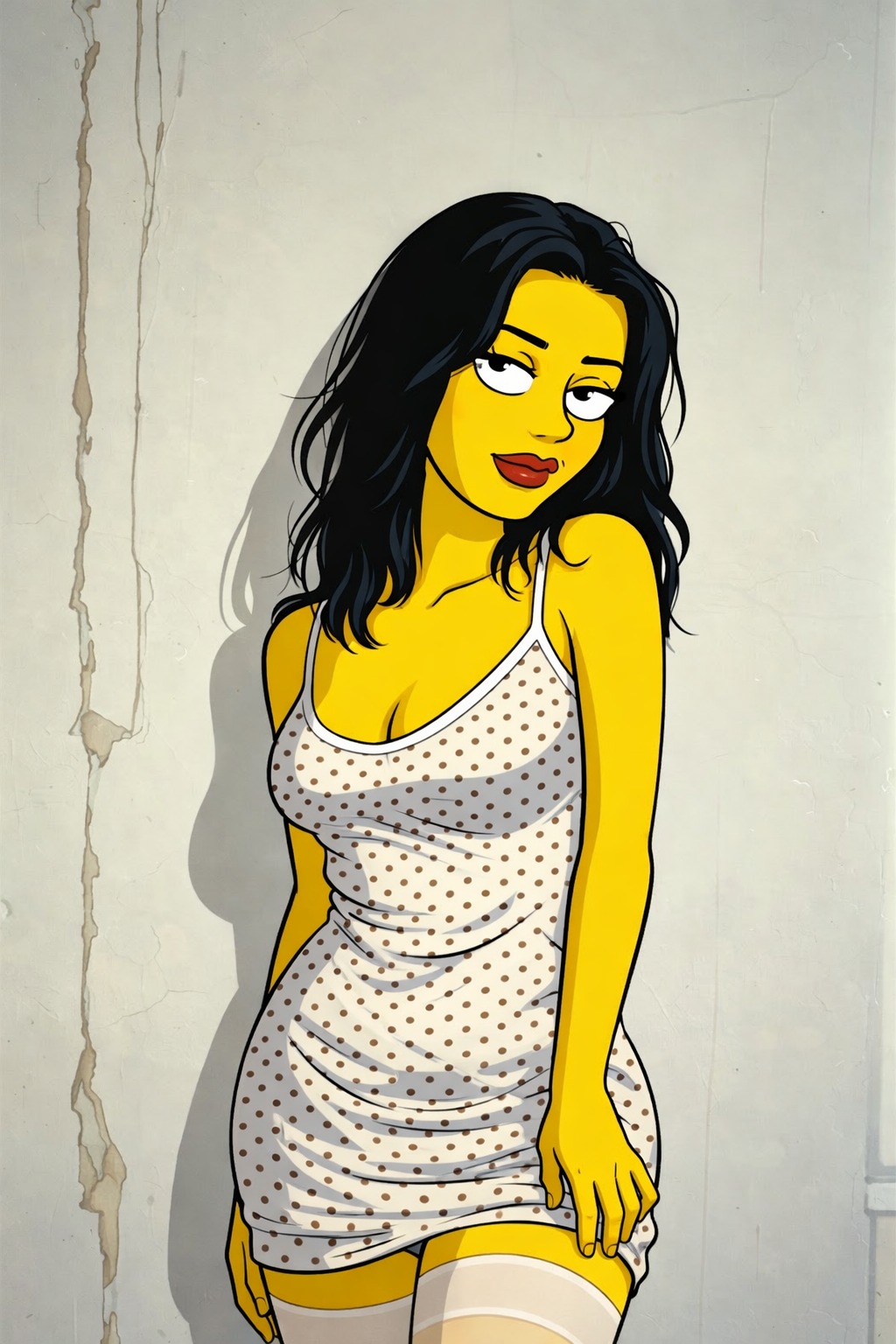Stylized cartoon woman in polka dot dress