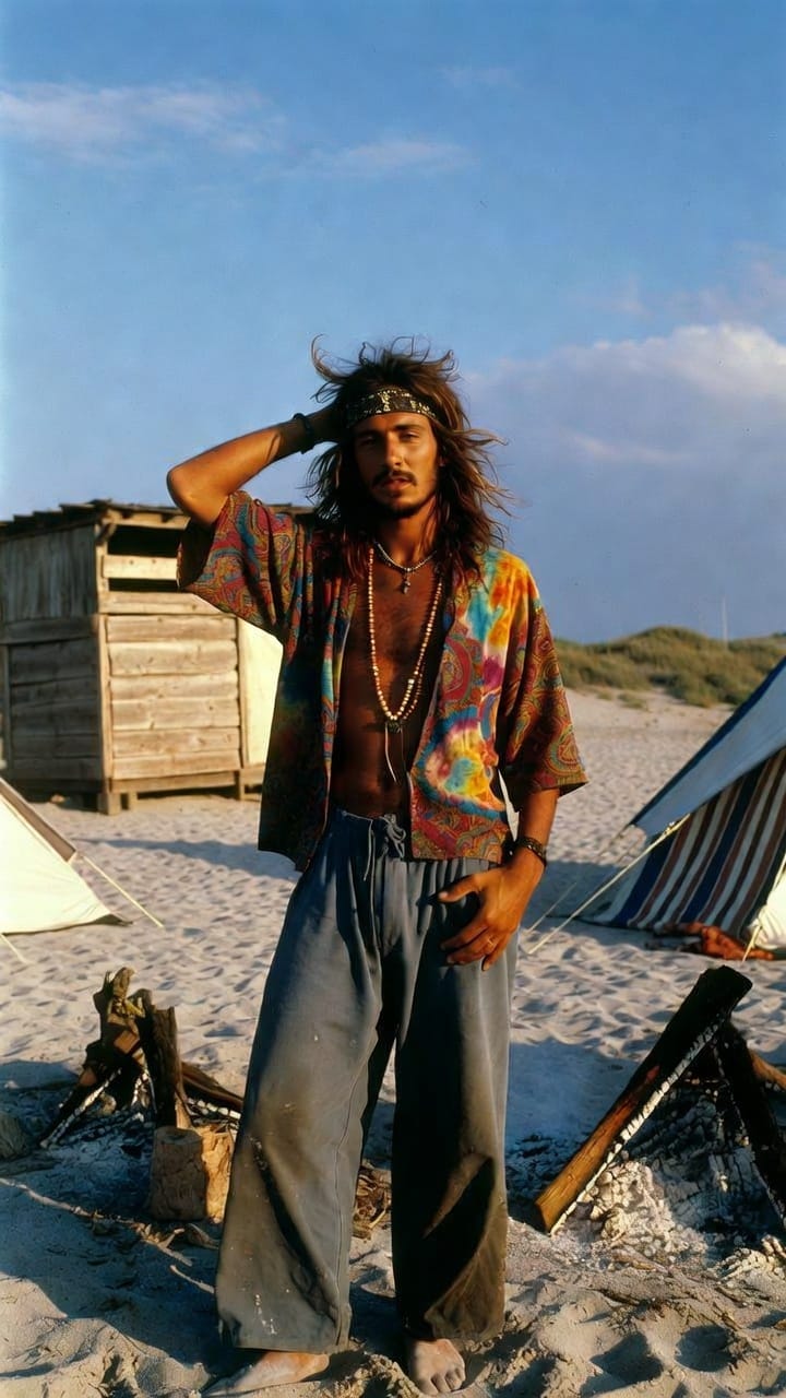 Bohemian man standing on beach campsite at sunset
