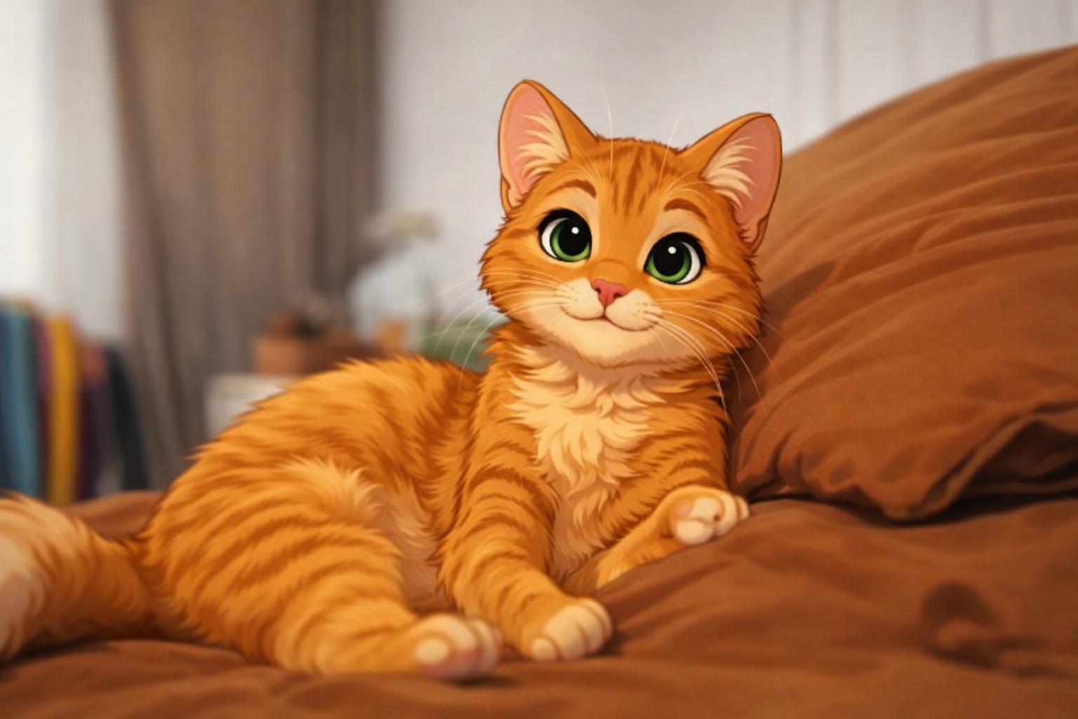 Cute orange tabby kitten on a bed
