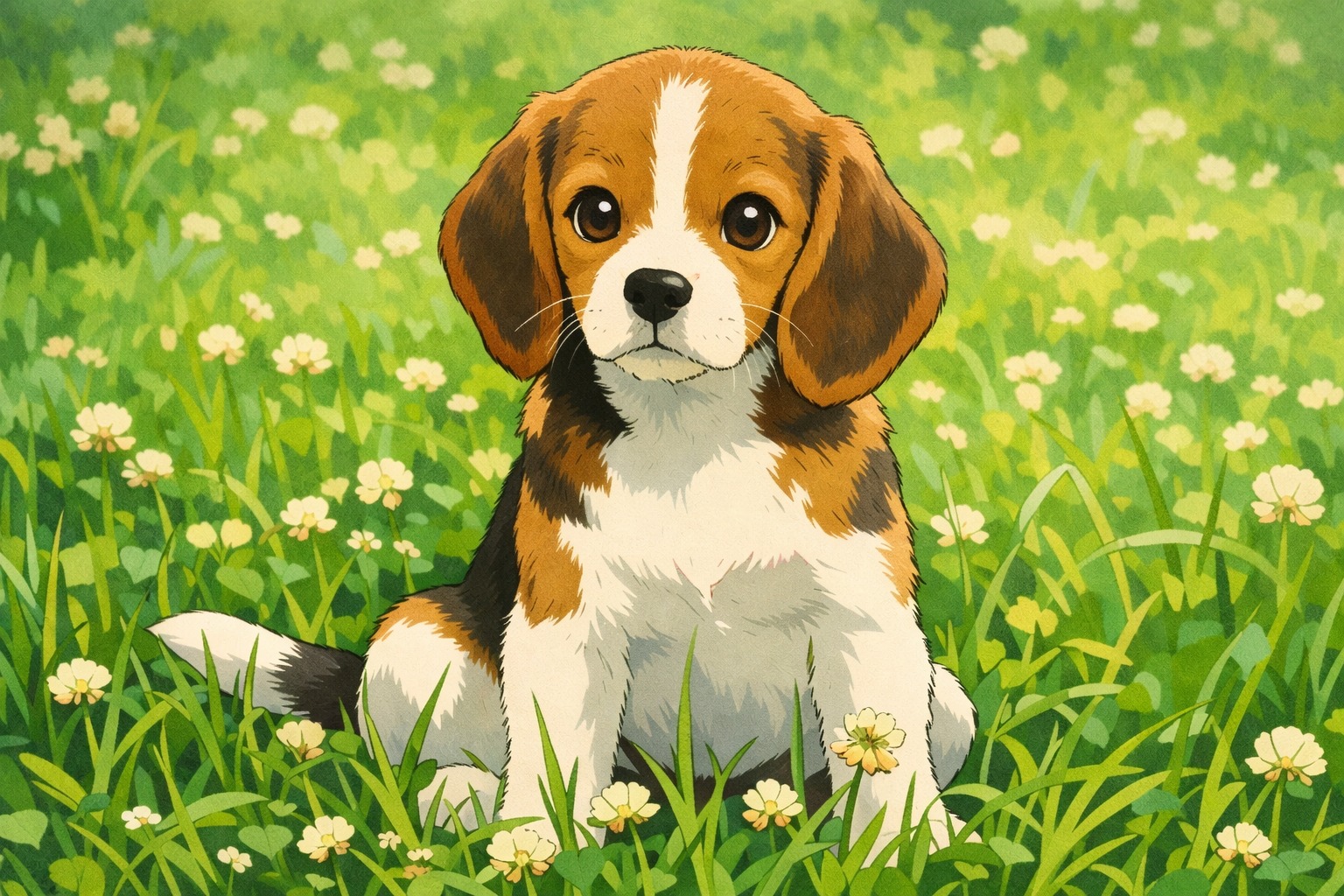 Illustrated beagle puppy sitting in grassy field
