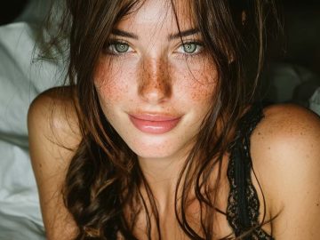 Freckled woman with green eyes in black lace top