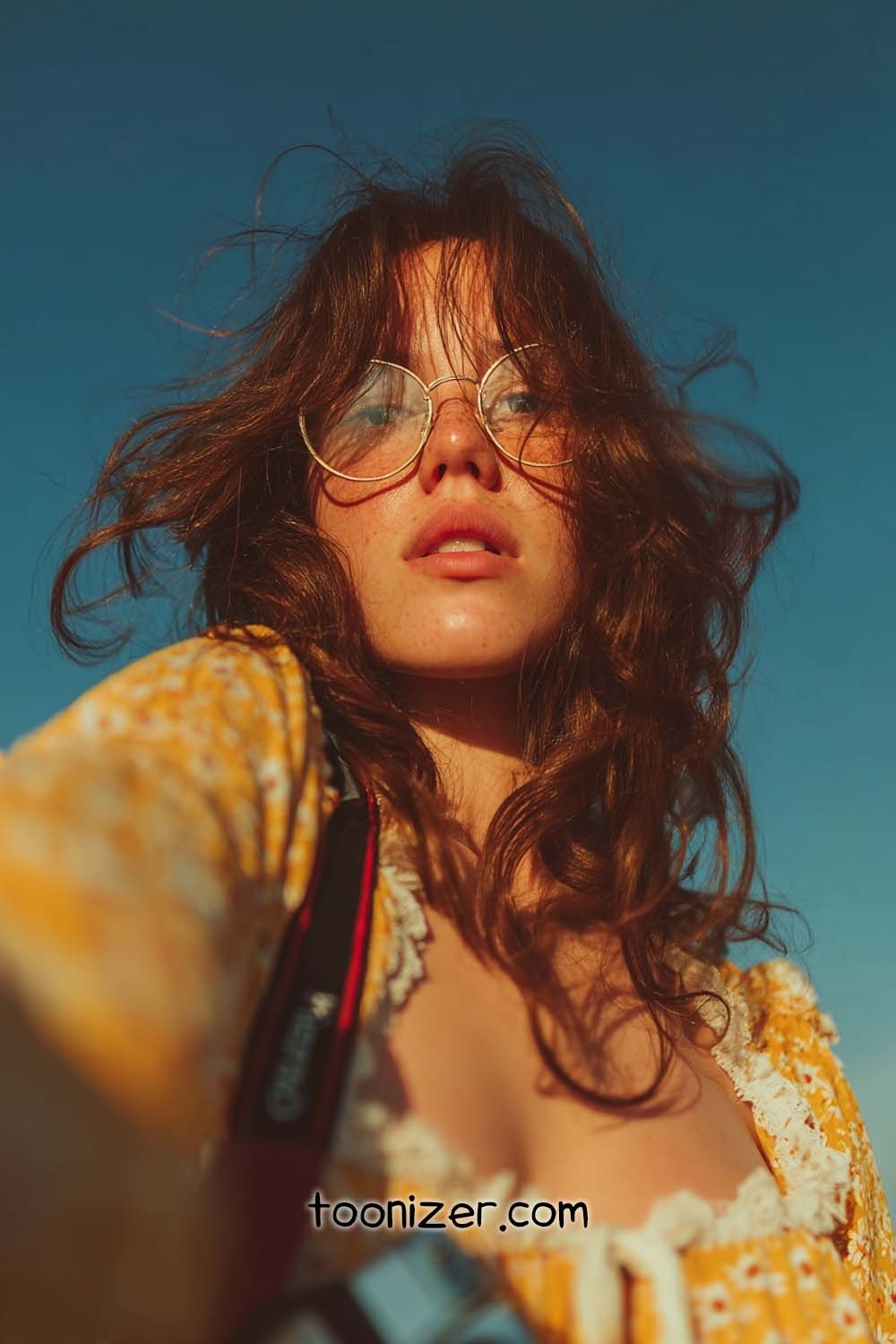 Woman with round glasses against blue sky