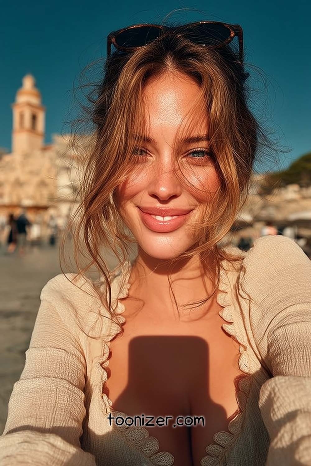Woman taking sunny outdoor selfie in town square