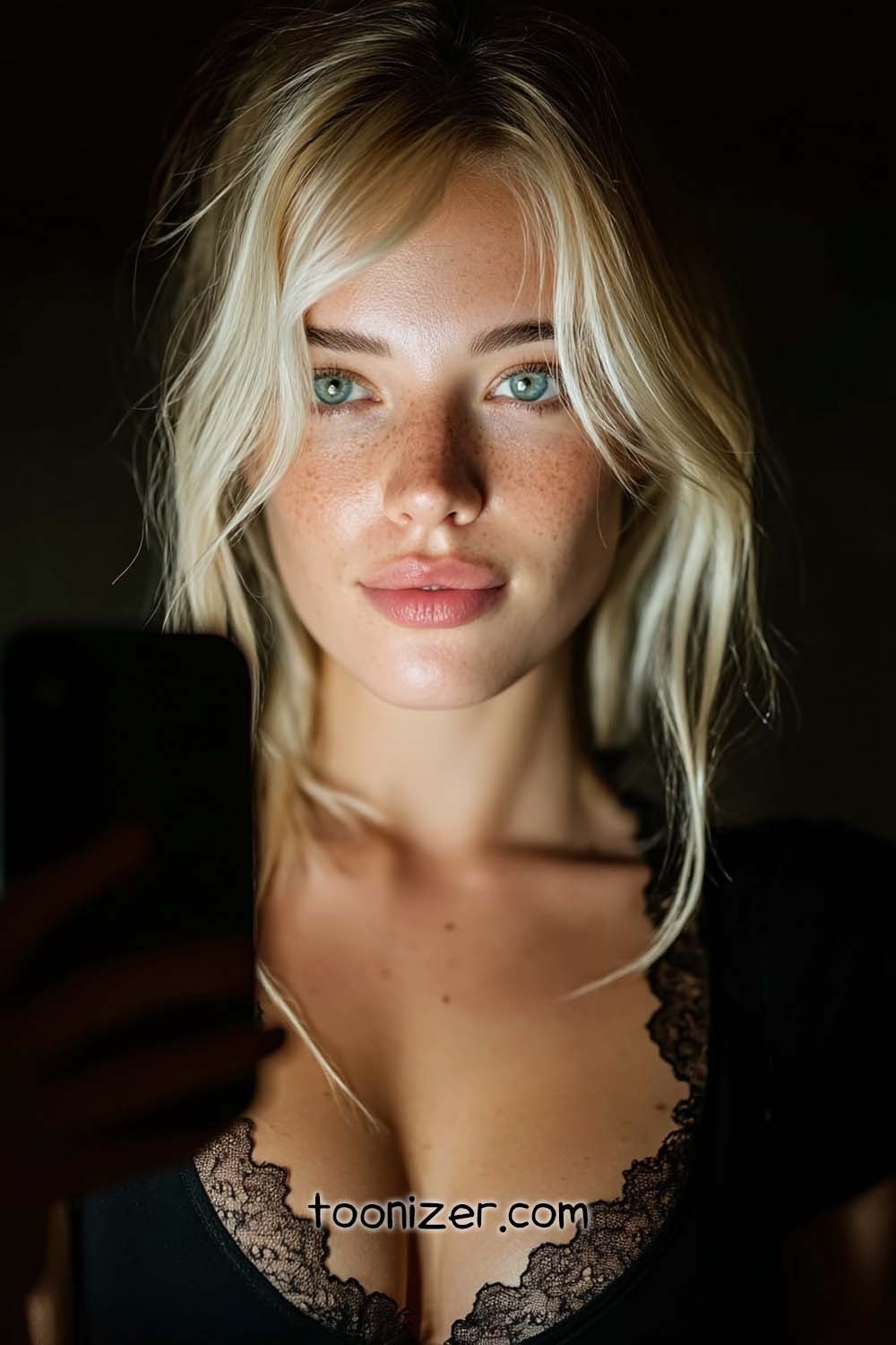 Close-up portrait of blonde woman with freckles