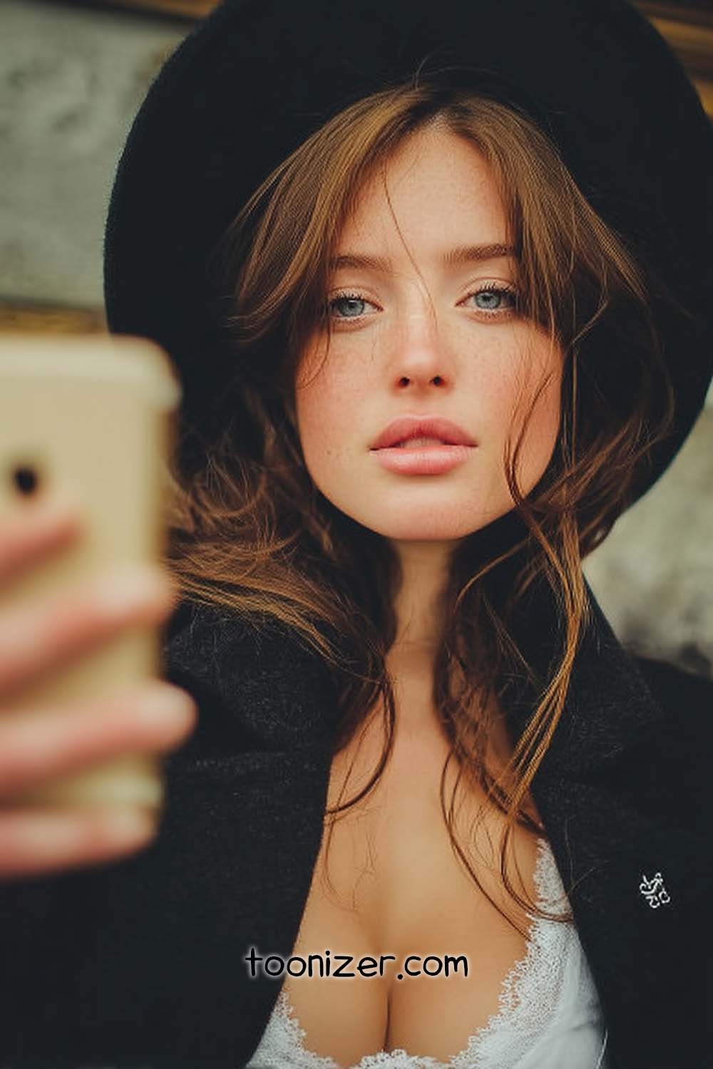 Woman in black hat taking a selfie
