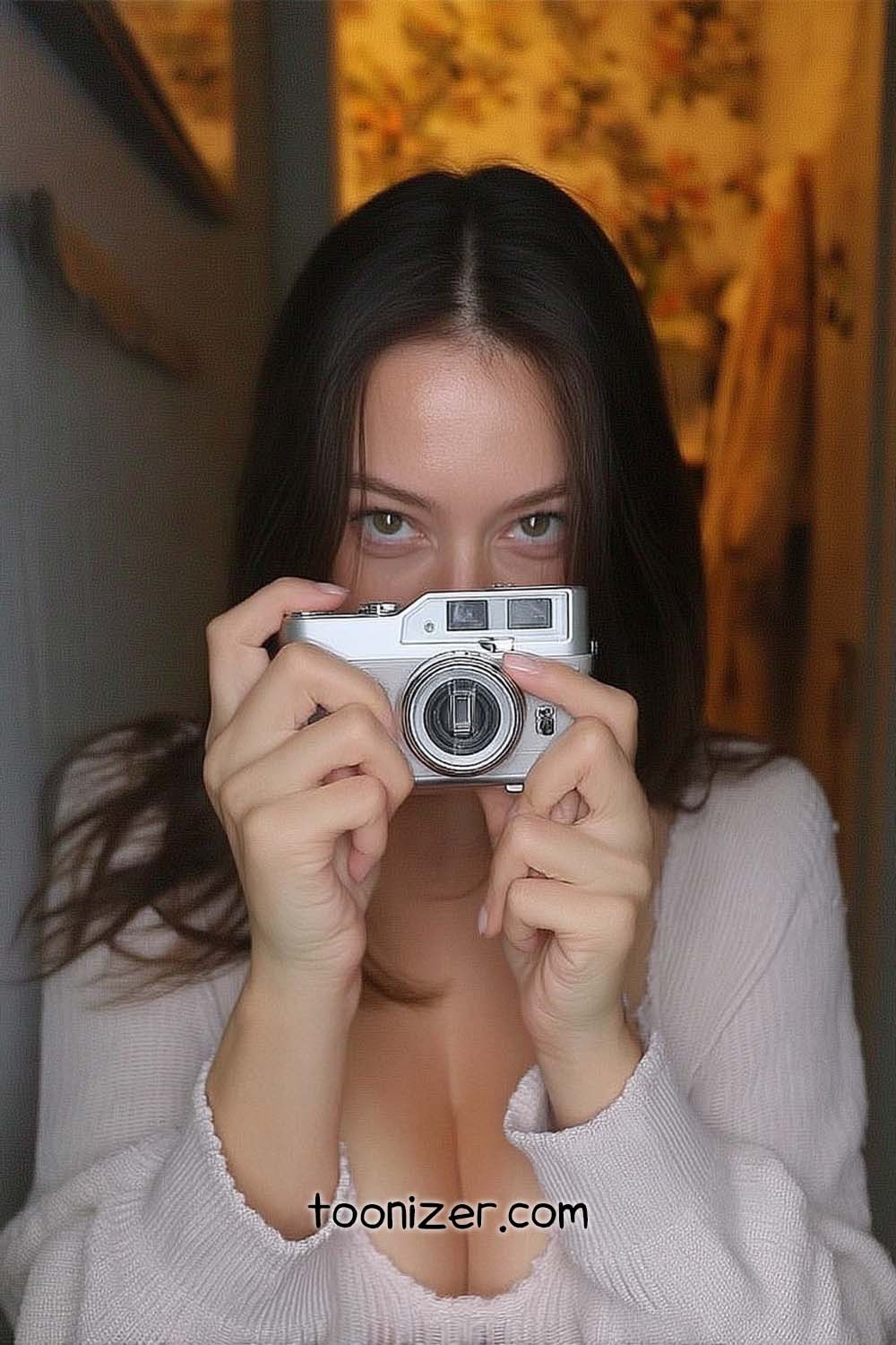 Woman holding vintage camera indoors