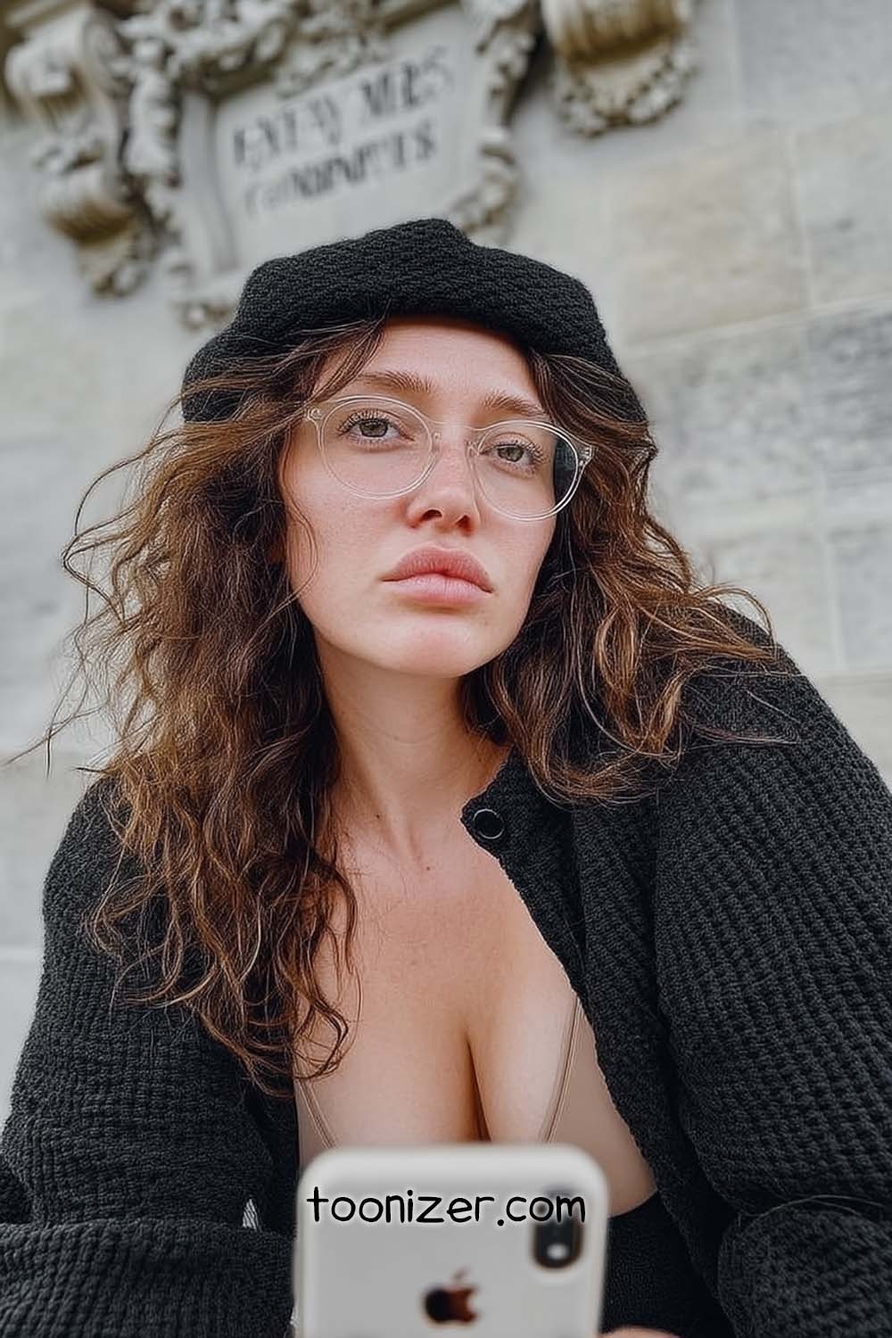 Woman in beret and glasses taking selfie outdoors