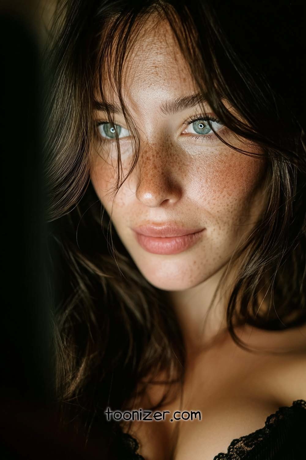 Close-up portrait of freckled woman with green eyes