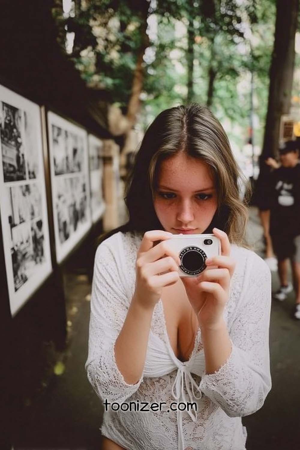 Young woman photographing outdoor gallery display