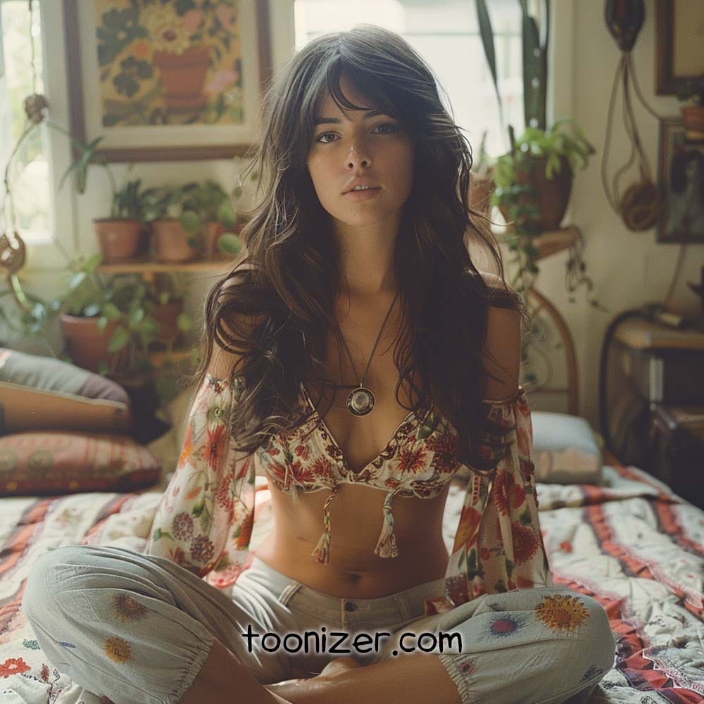 Woman in bohemian outfit sitting on bed