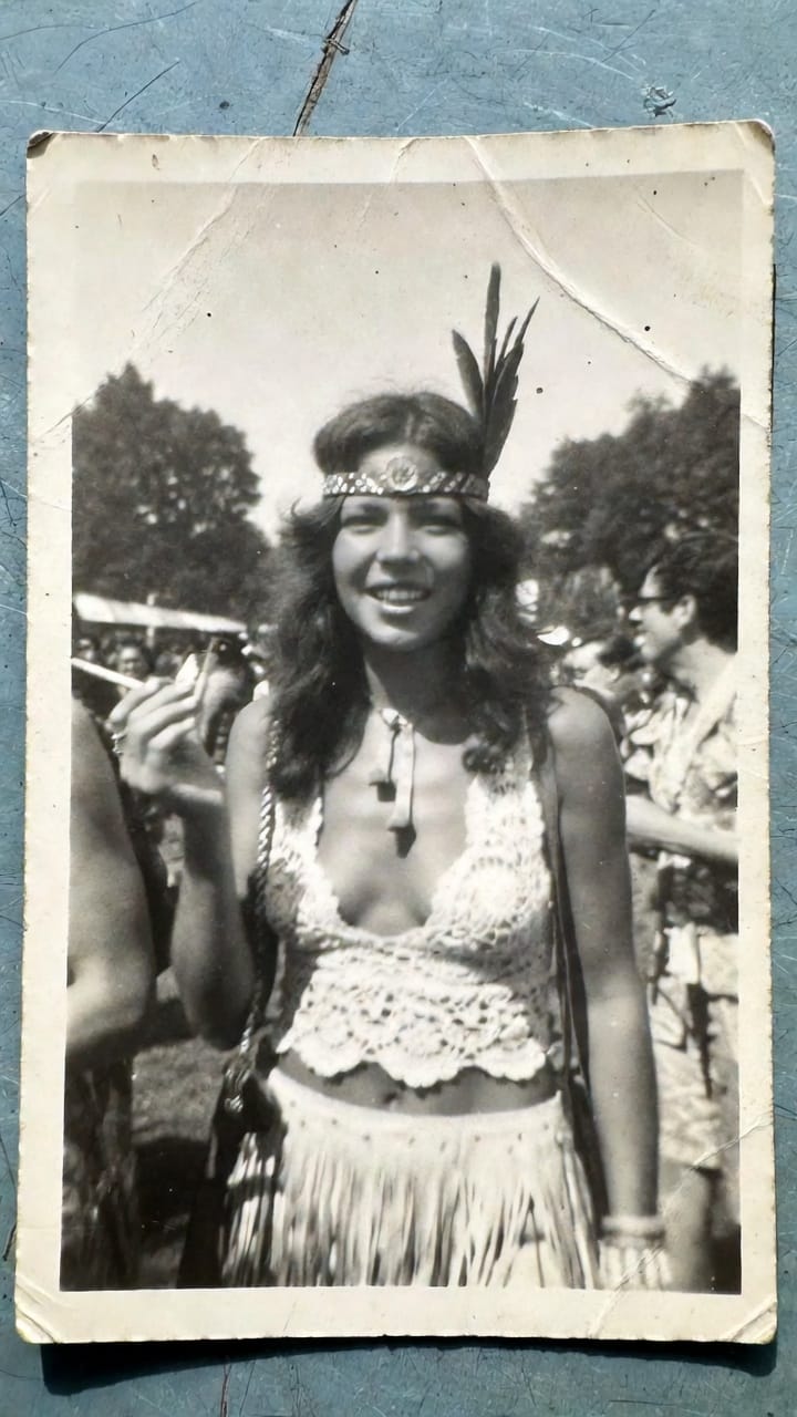 Vintage photo of woman in feather headband outdoors