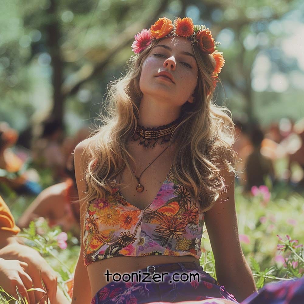 Woman wearing flower crown at outdoor festival