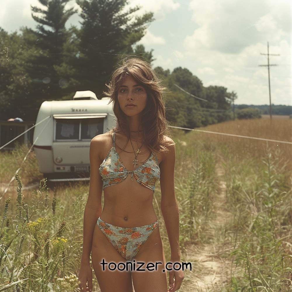 Woman in floral bikini near camper trailer