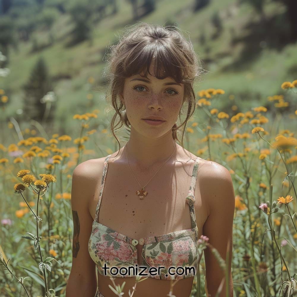 Young woman in wildflower meadow with mountains