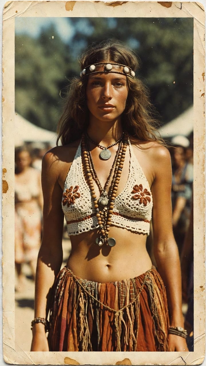 Bohemian woman in crochet top at outdoor festival