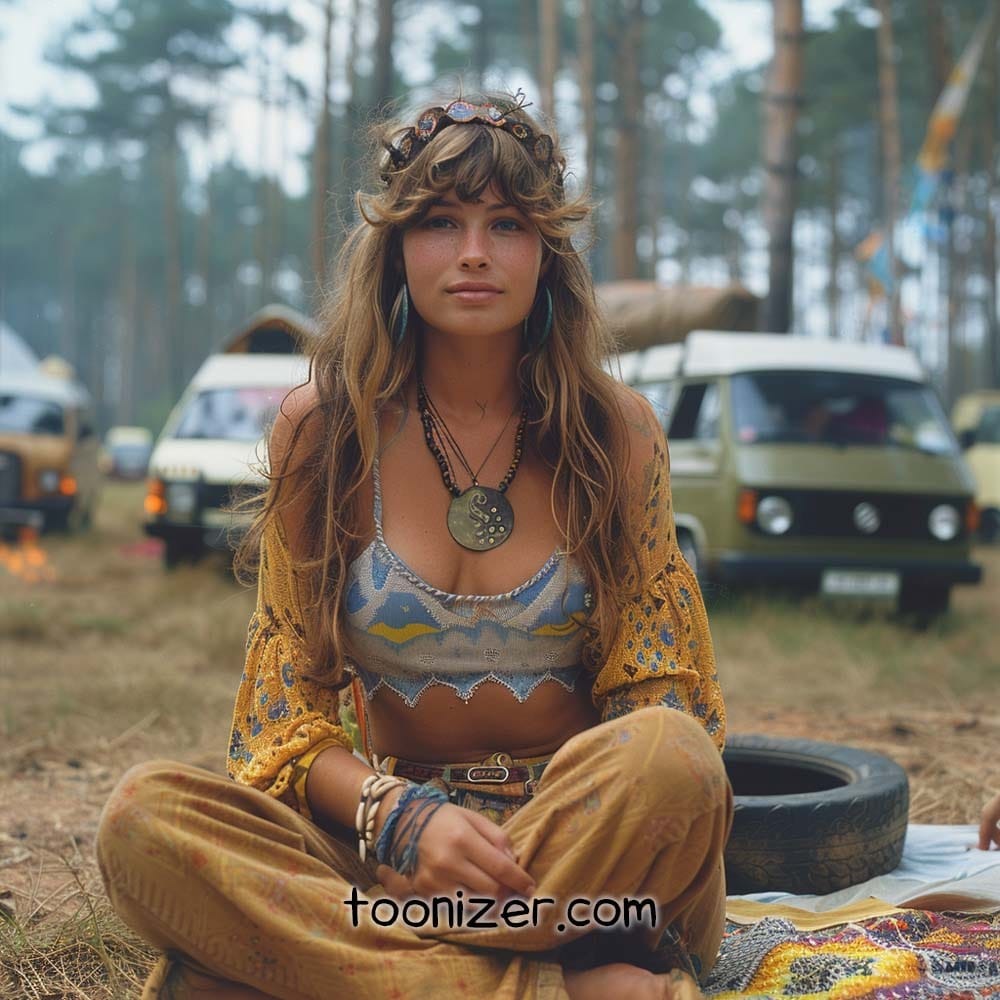 Bohemian woman sitting in forest festival setting