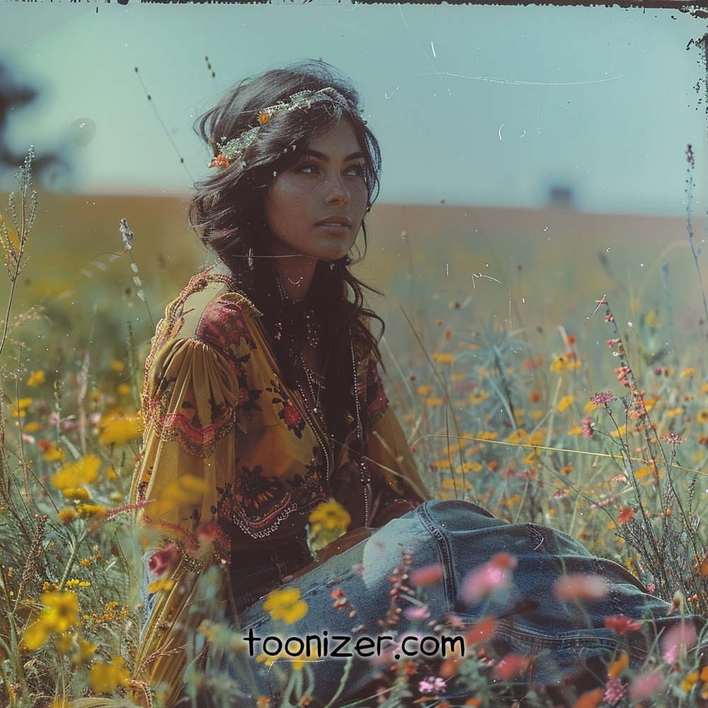 Woman sitting in wildflower field wearing boho outfit