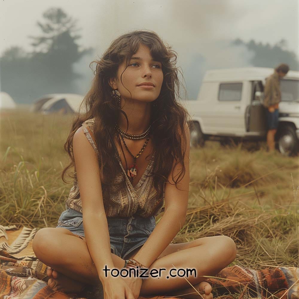 Young woman sitting in grassy field near camper van