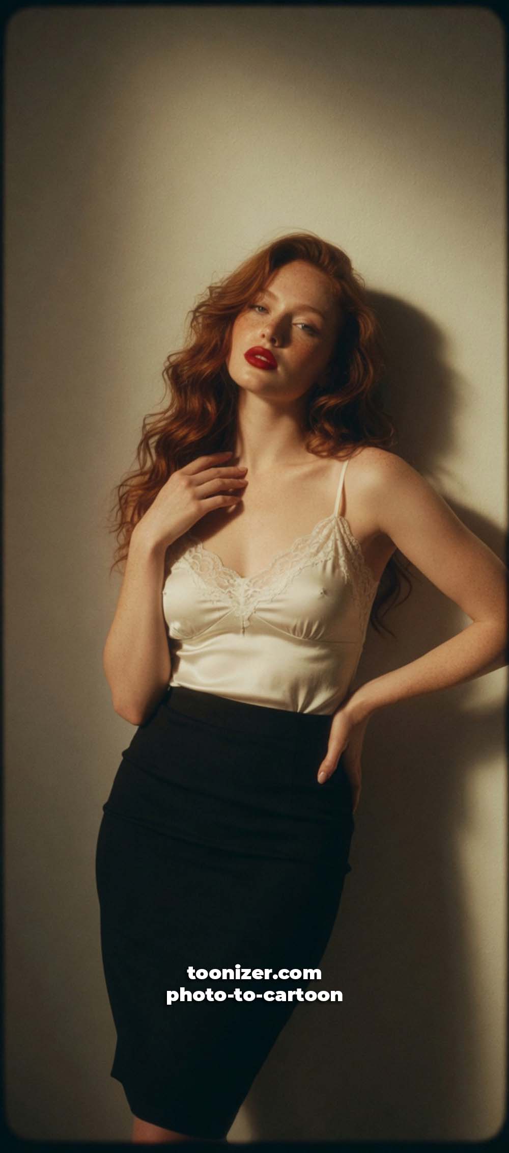 Red-haired woman posing in white camisole and black skirt