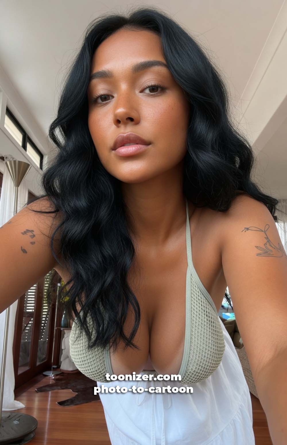 Woman with long dark hair leaning indoors