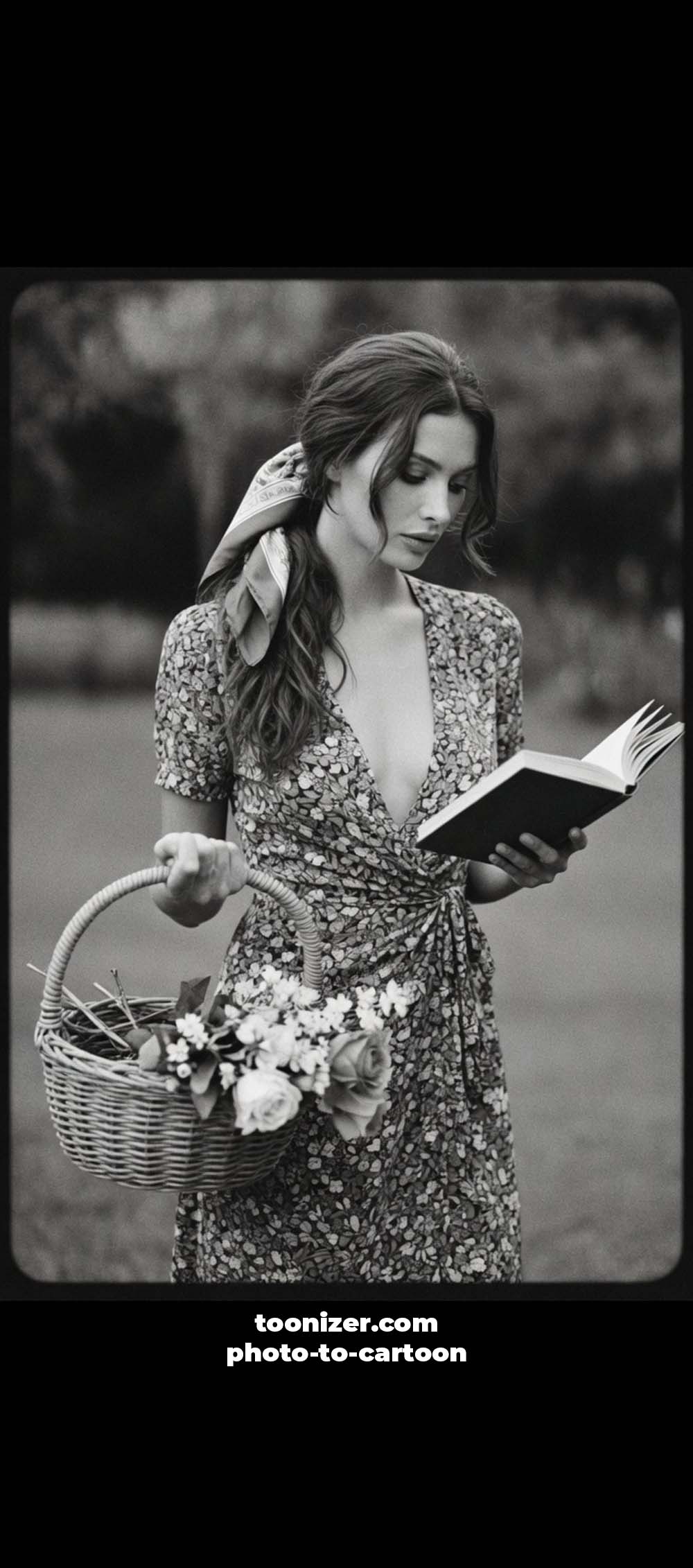 Woman reading book holding flower basket outdoors