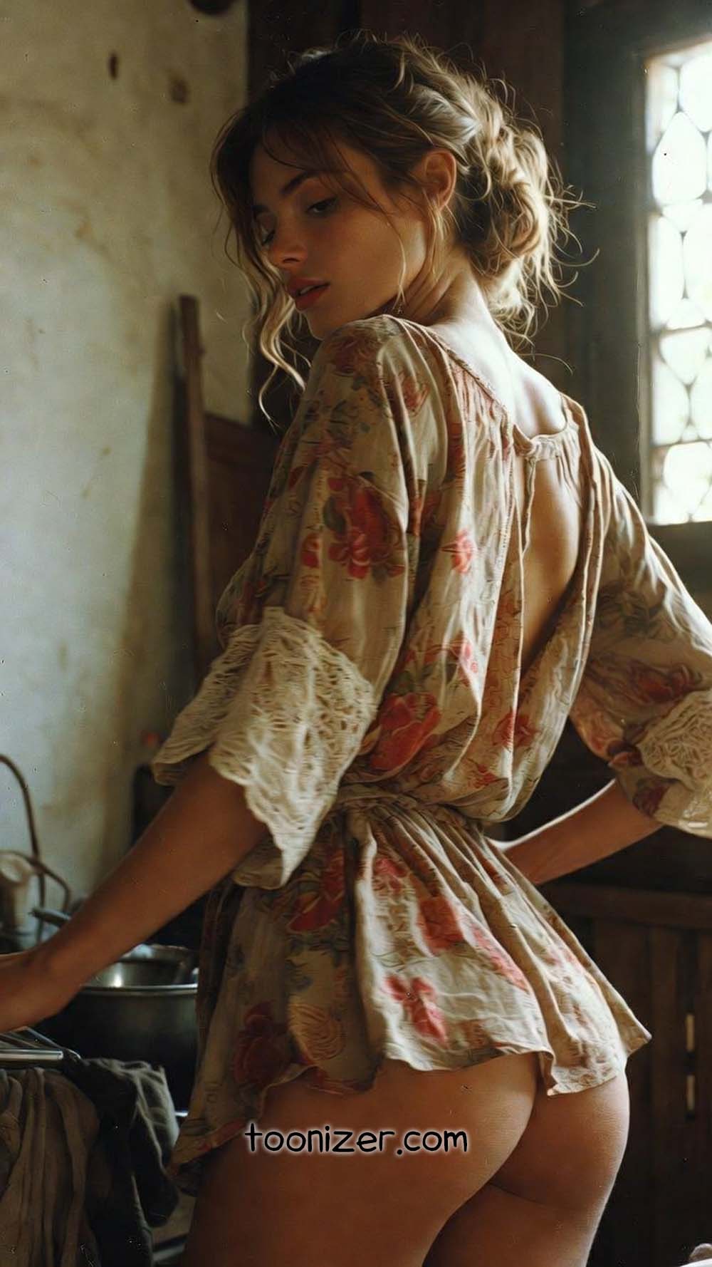Woman in floral dress by rustic window
