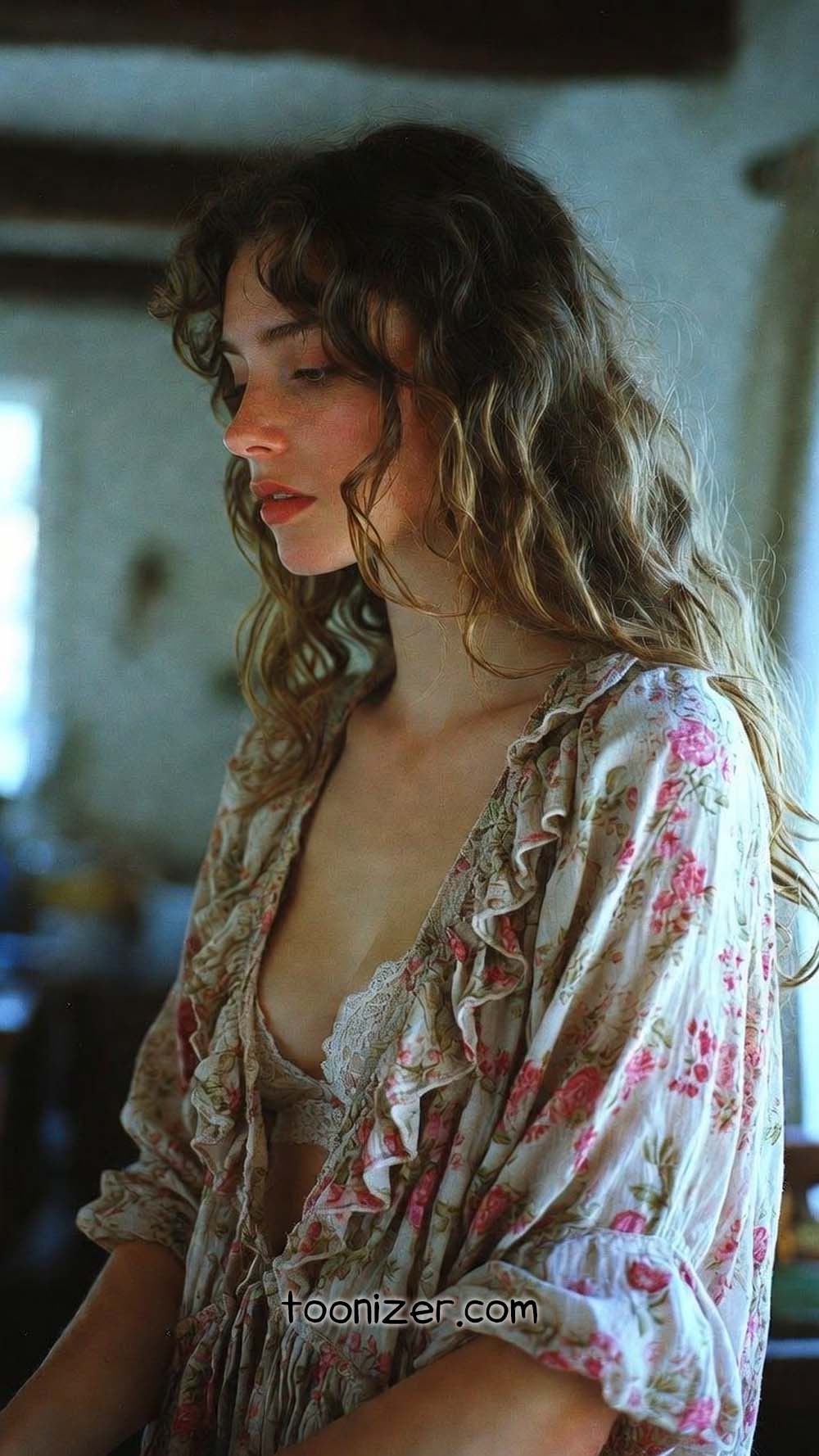 Woman in floral robe by window light