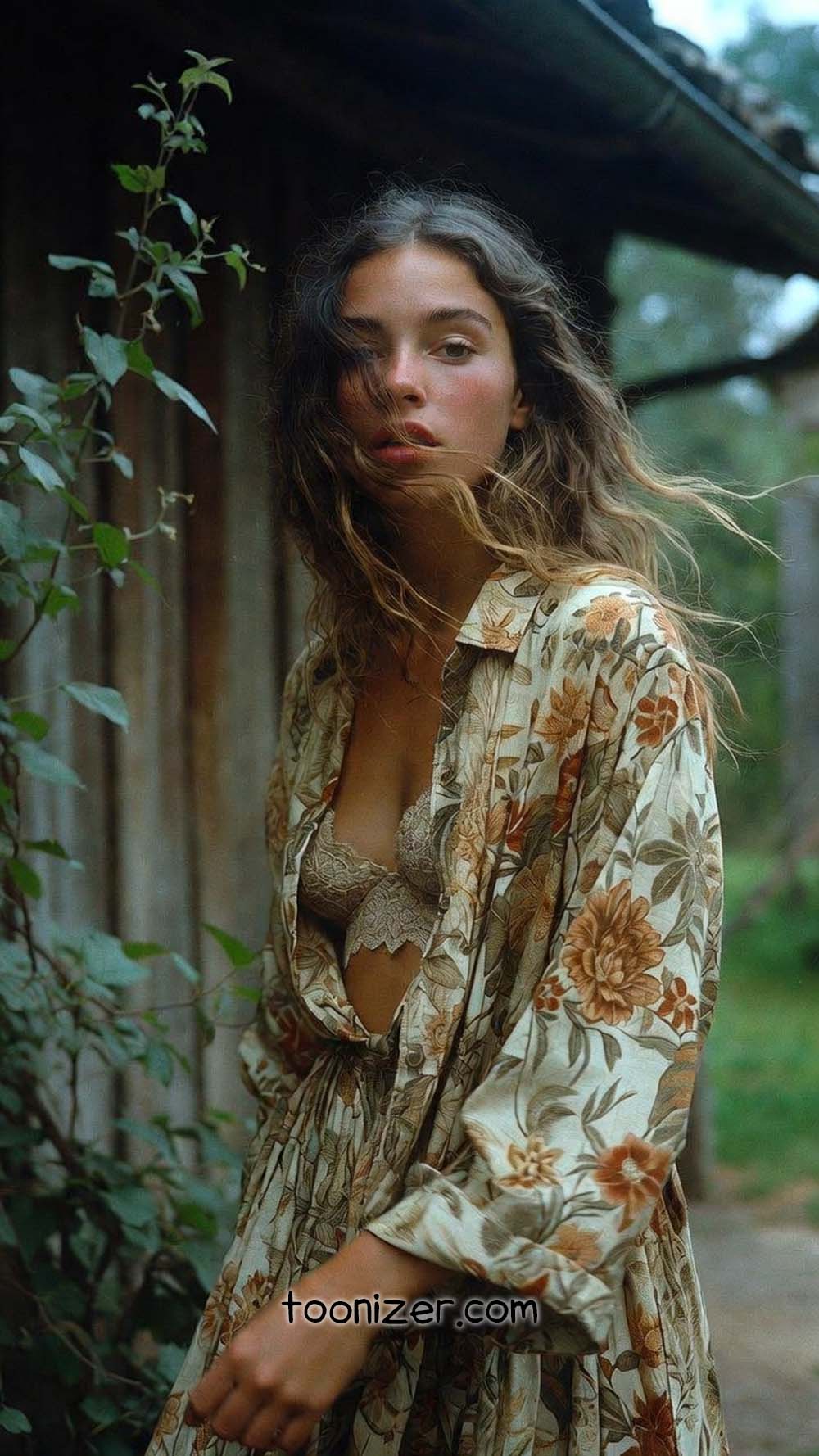 Woman in floral dress outdoors by rustic cabin
