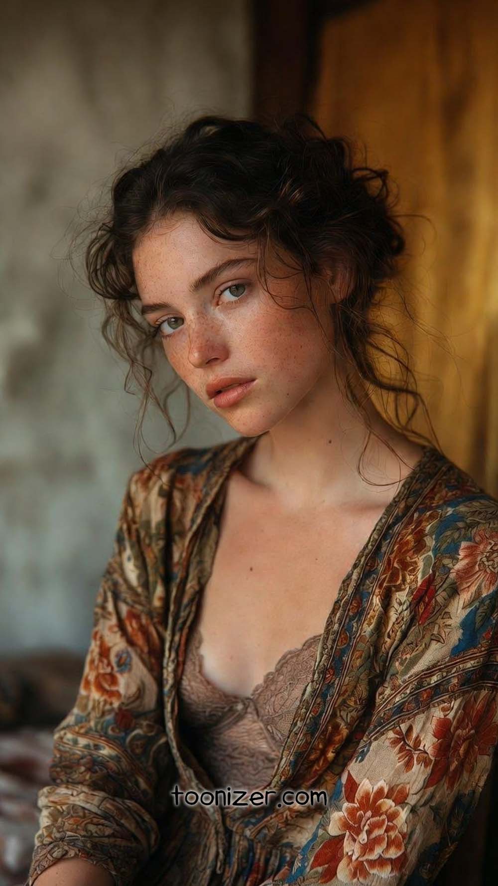 Freckled woman in floral robe portrait