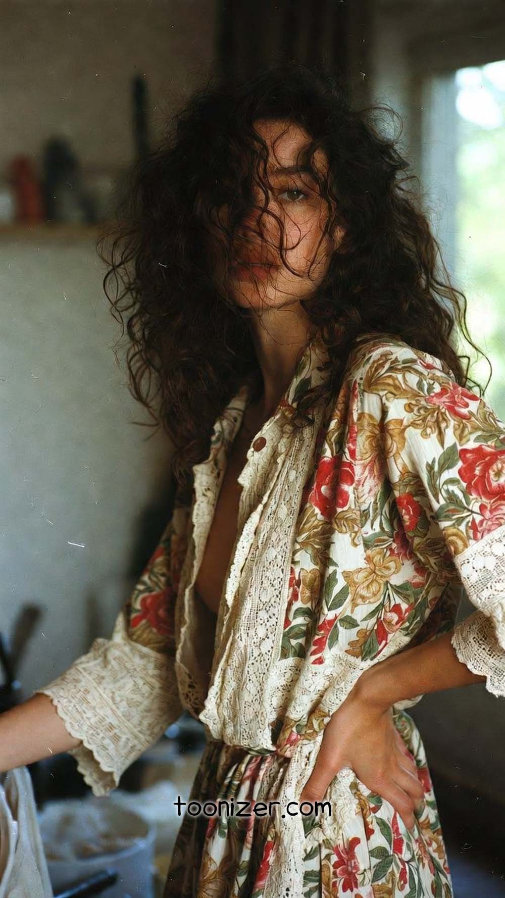Woman in floral lace dress with curly hair
