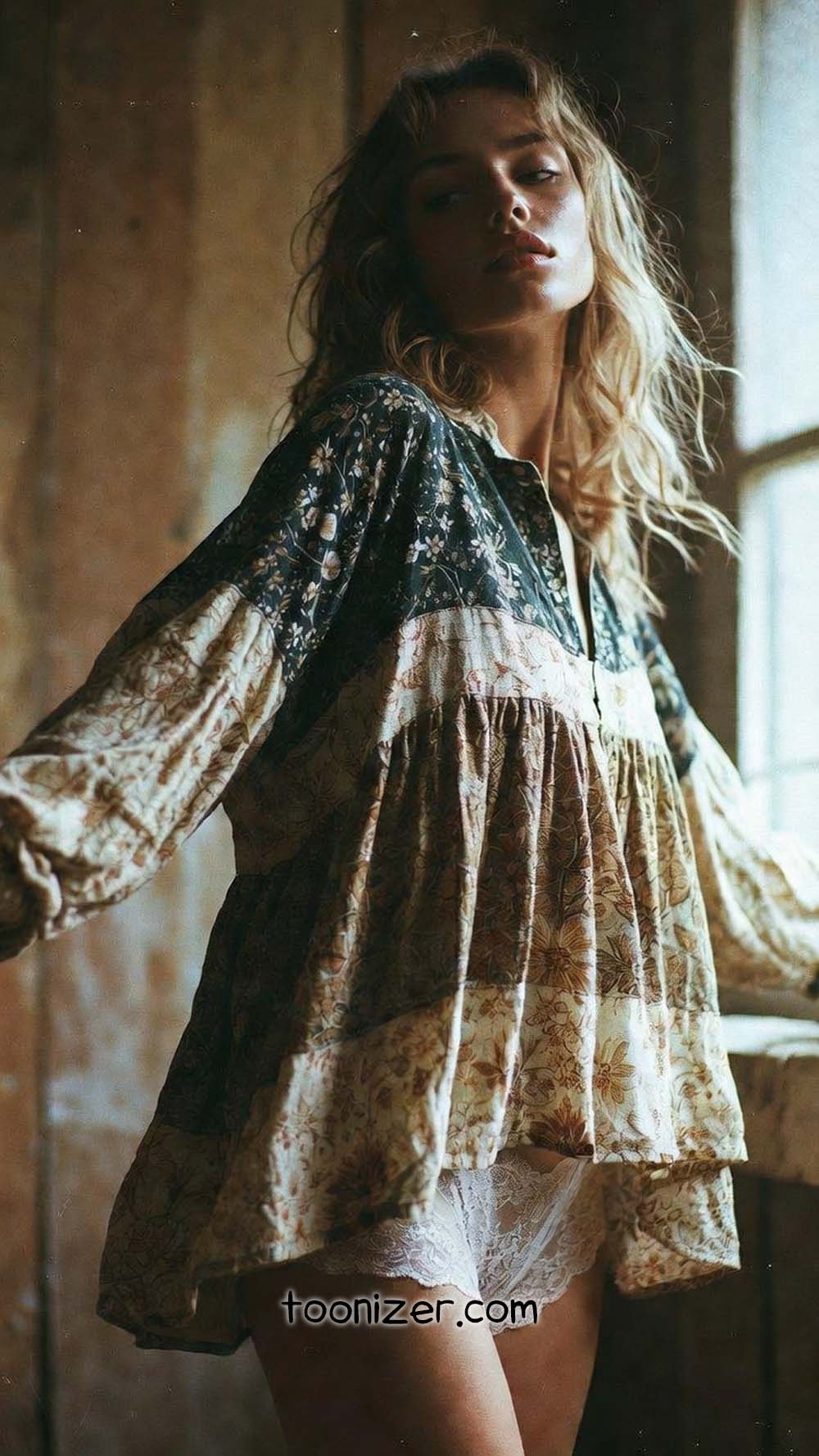 Woman in bohemian dress by window light