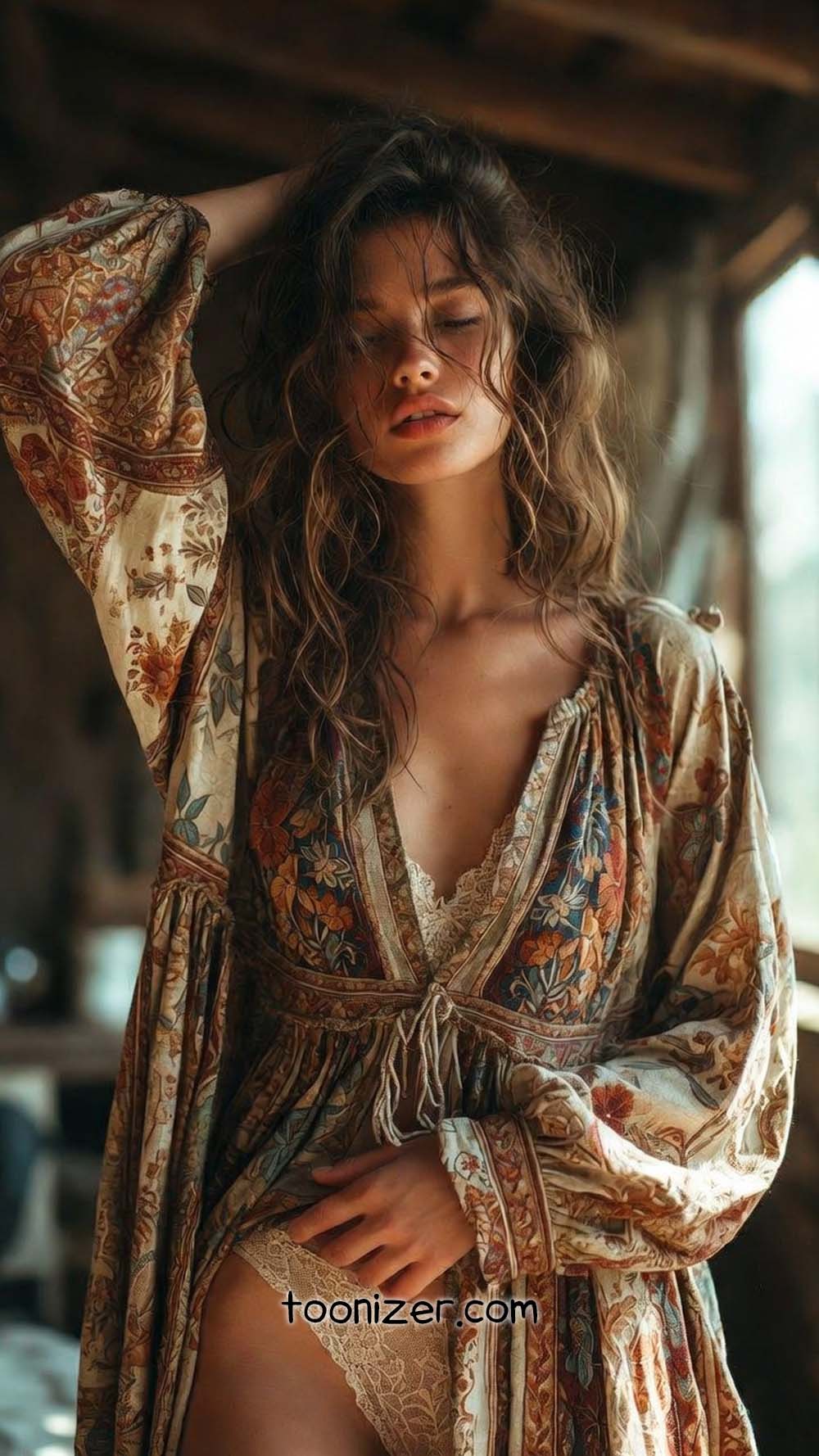 Woman in floral robe by sunlit window