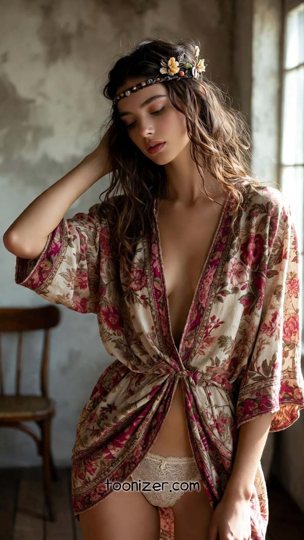 Woman in floral robe by window indoors