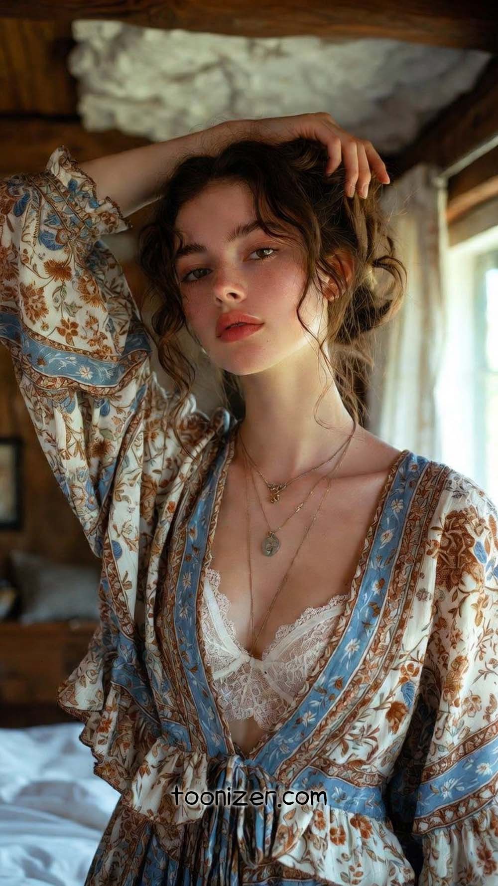 Young woman in bohemian dress by window light