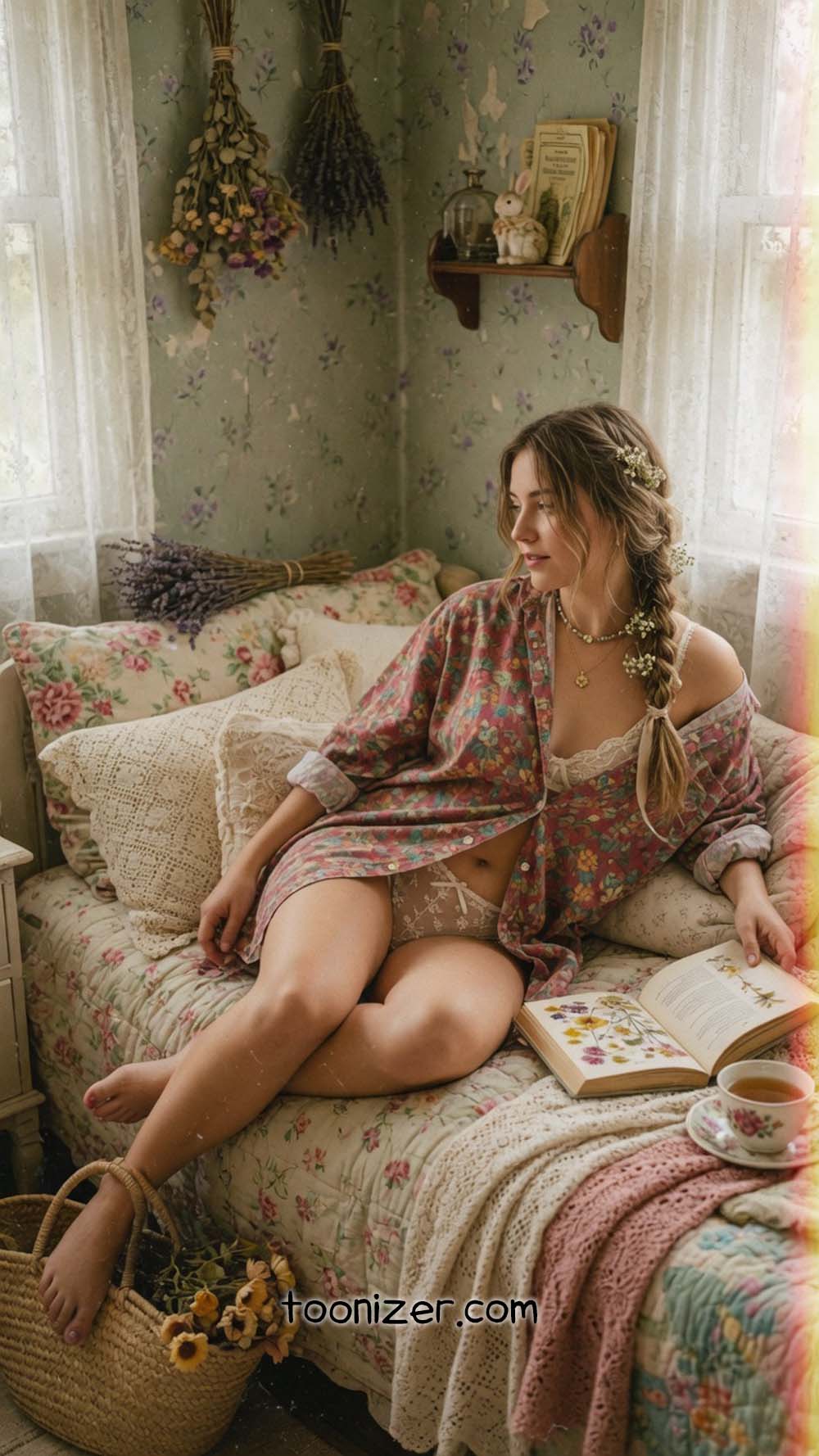 Woman lounging on floral couch reading book