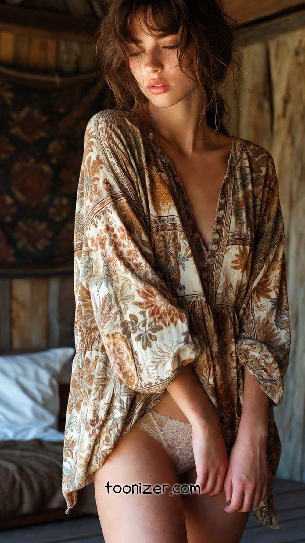 Woman in floral robe standing indoors by bed