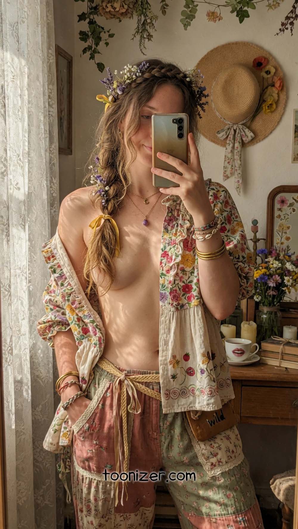 Woman with floral crown taking mirror selfie indoors