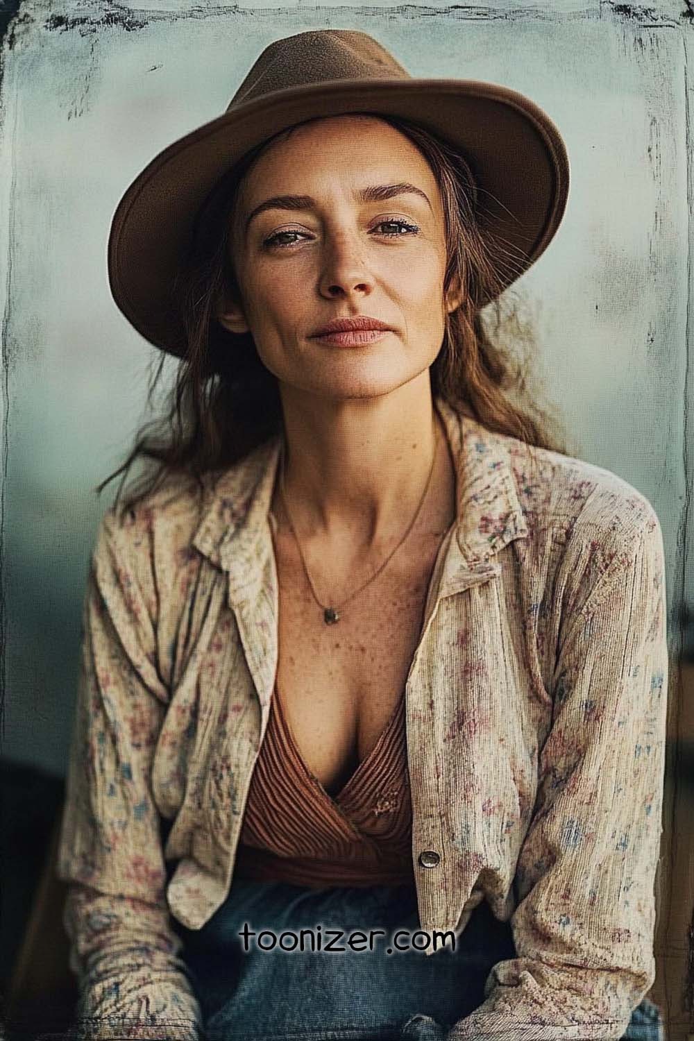 Woman wearing brown hat and floral shirt portrait
