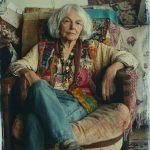 Elderly woman in colorful vest sitting in armchair