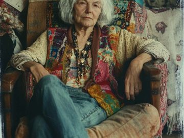 Elderly woman in colorful vest sitting in armchair