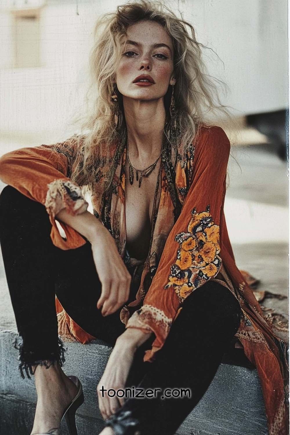 Woman in bohemian outfit sitting on concrete steps