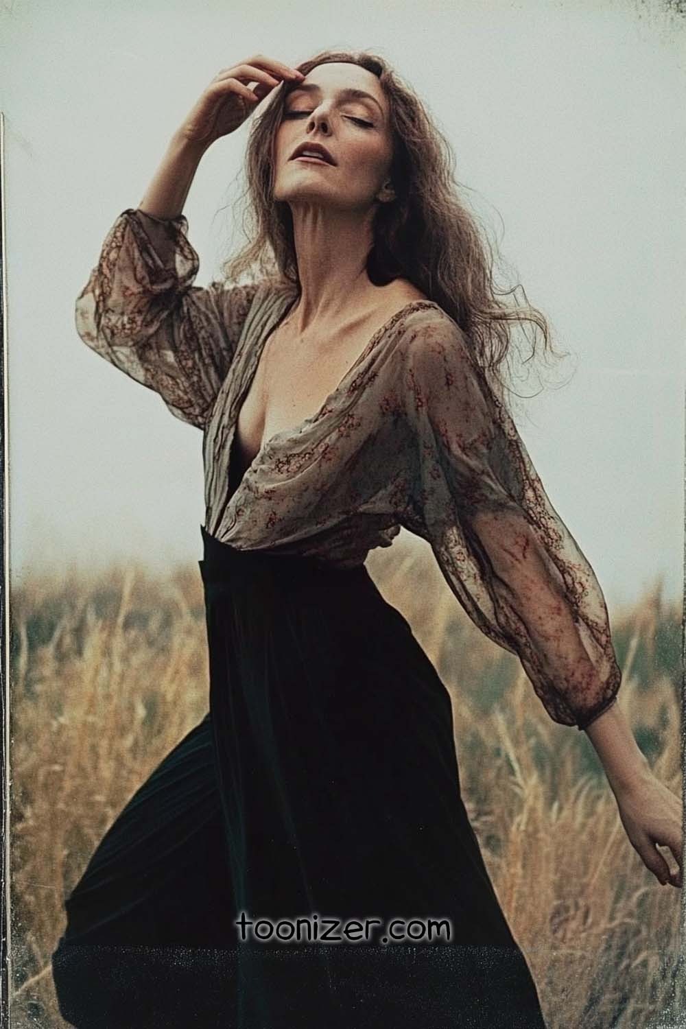 Woman posing in flowing dress in field