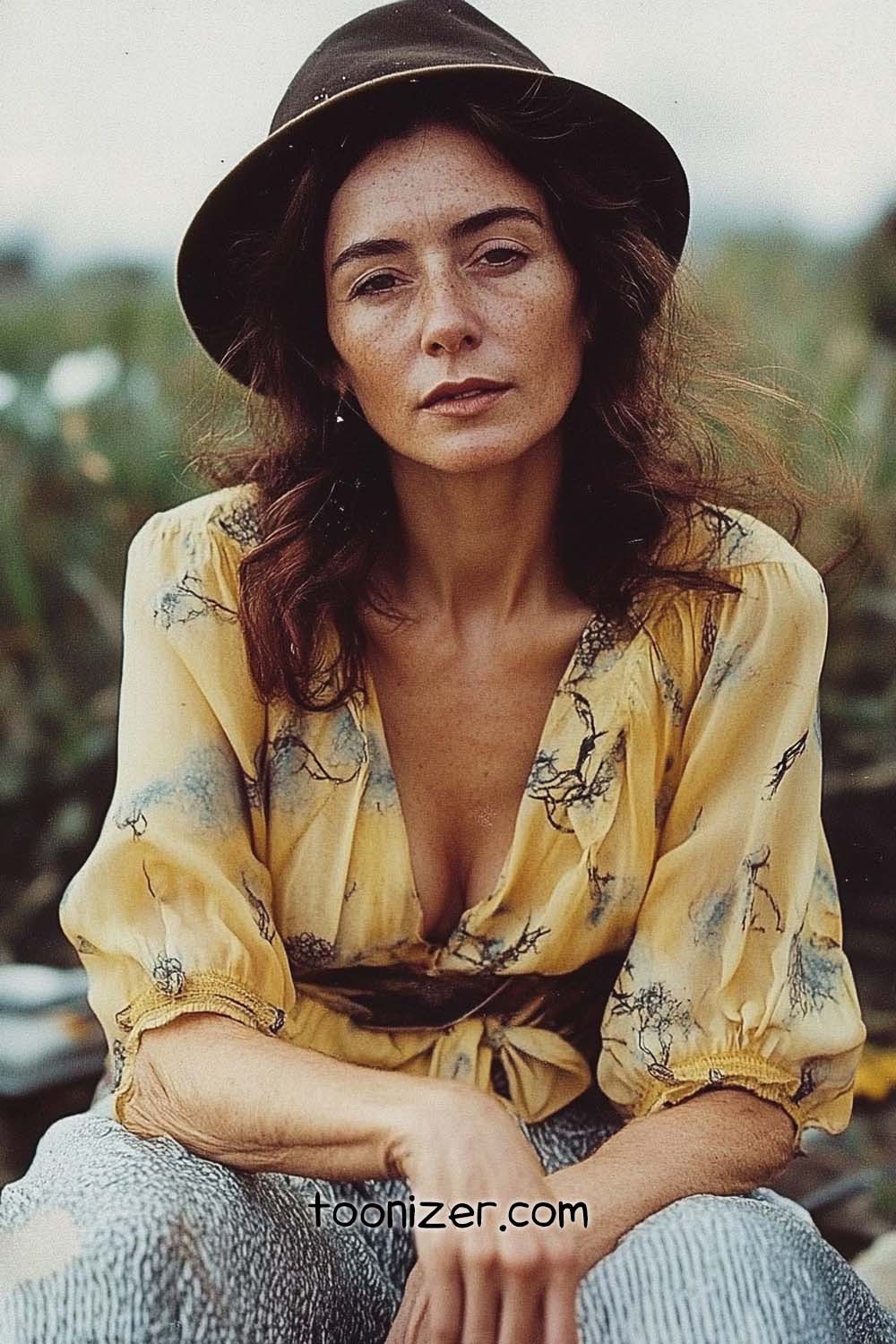 Woman in hat wearing yellow blouse outdoors
