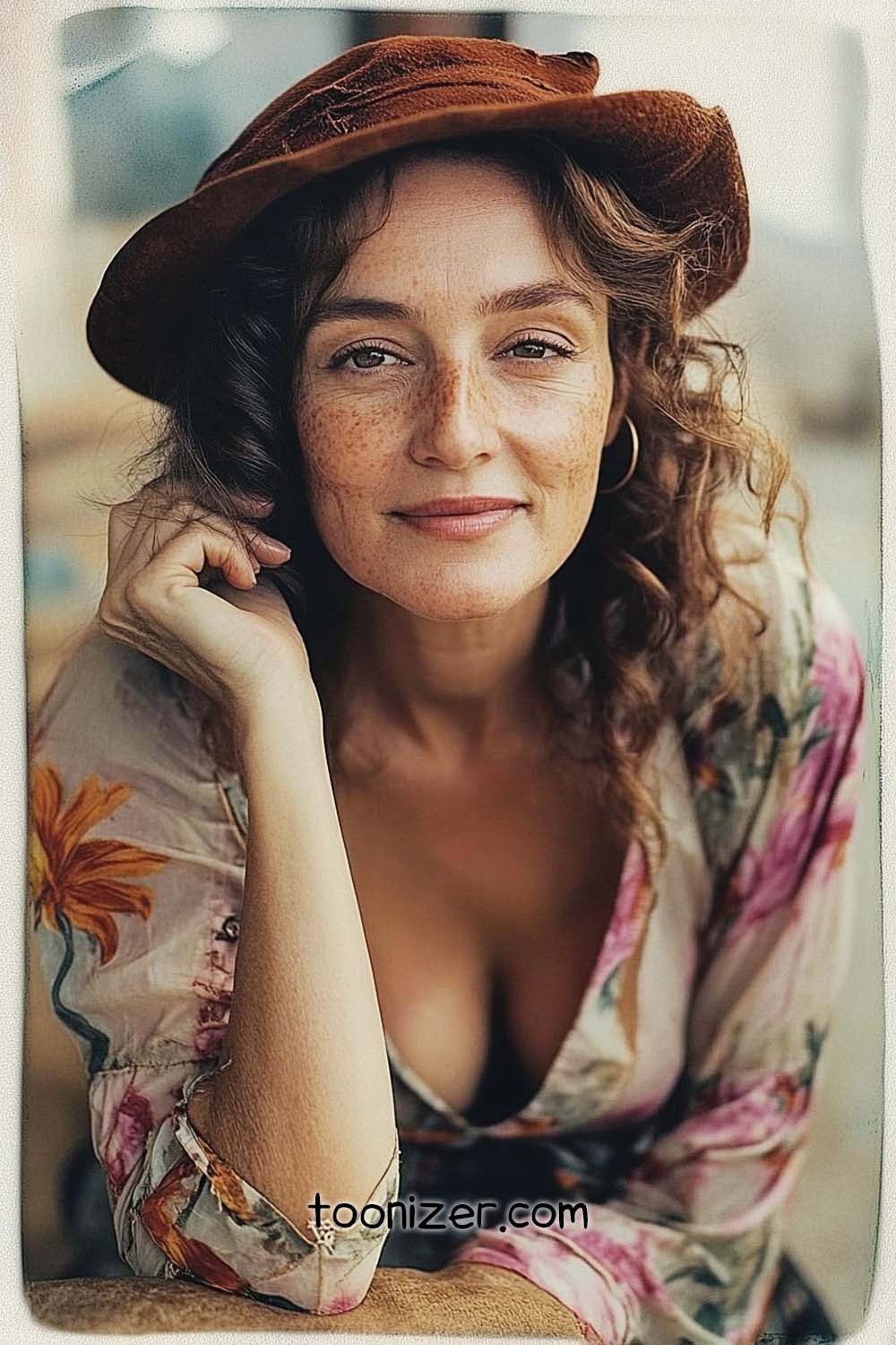 Freckled woman wearing brown hat and floral dress