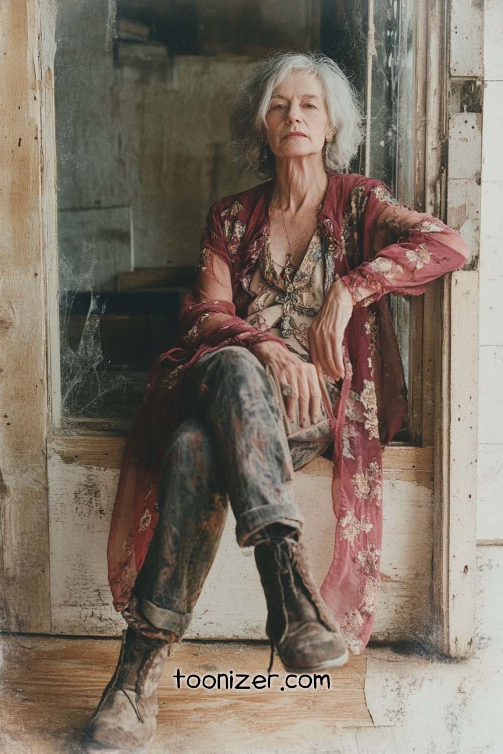 Older woman in bohemian attire sitting by window