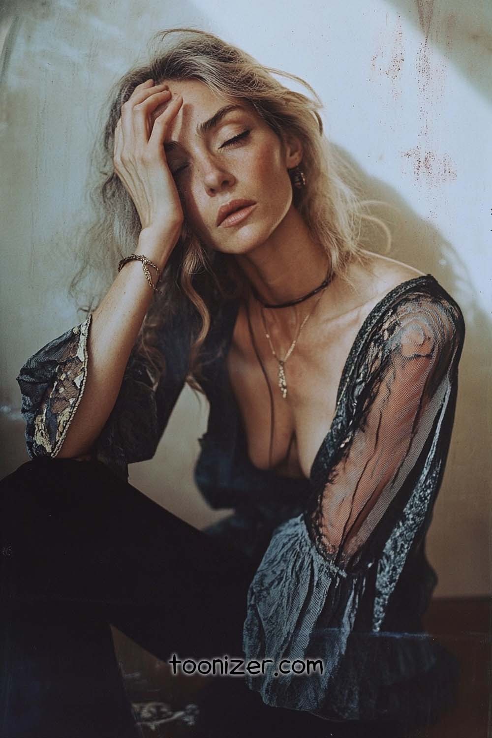 Woman in lace dress resting head on hand
