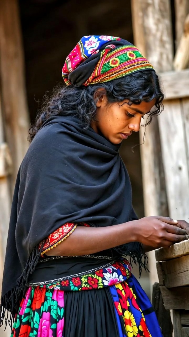 Woman in colorful traditional dress working outdoors