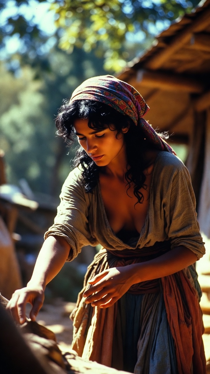 Woman in headscarf working outdoors in sunlight